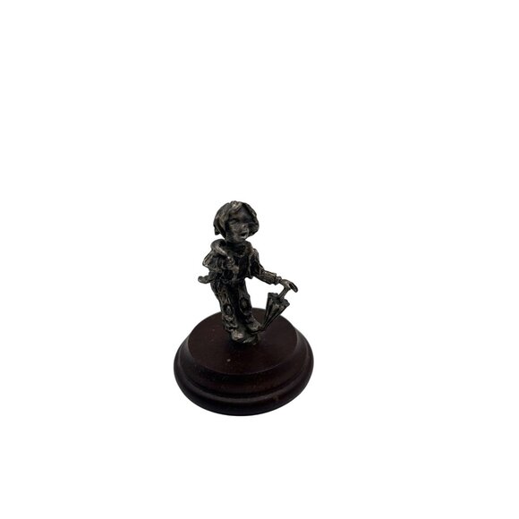 Vintage Pewter Figurine Of Child With Umbrella On Wooden Base decor - Picture 2 of 4